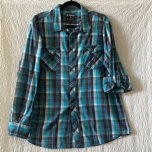 Skully Plaid Retro Western Snap Down Long Sleeve Shirt